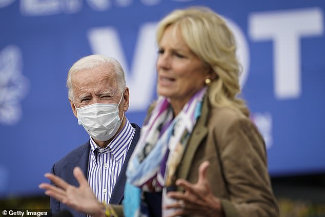 Pictured:&nbsp;Democratic presidential nominee Joe Biden listens as his wife Dr. Jill Biden speaks during a drive-in campaign rally at Bucks County Community College on October 24, 2020 in Bristol, Pennsylvania