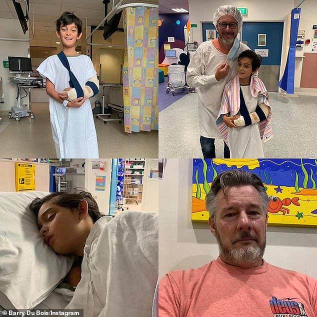 Heartfelt: While the exact cause is not known, Bennett, eight, had a cast on one arm in two photos. Barry (pictured with Bennett), 60, revealed how he 'lost control' of his emotions, as he watched his son receive a cocktail of sleeping drugs in his arm
